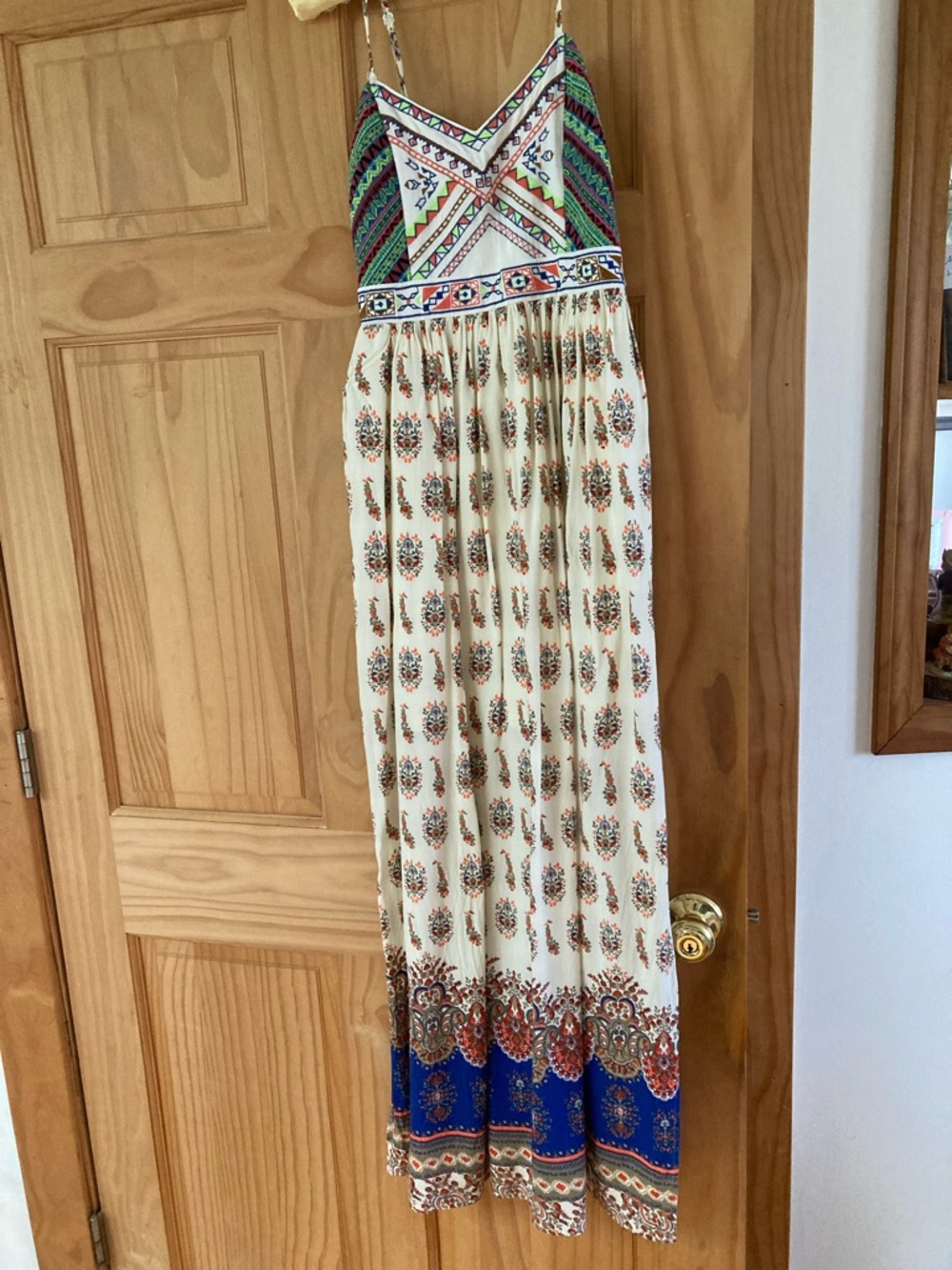 Altar'd State Cream Maxi Dress with Blue and Green Accents